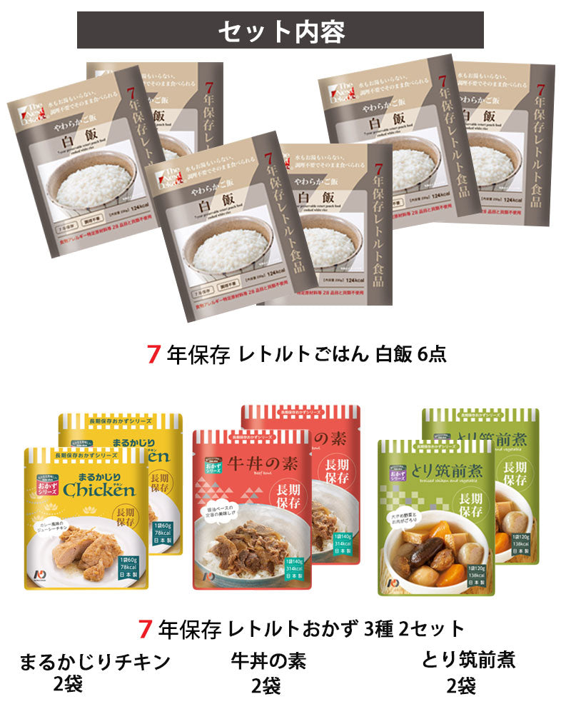 The Next Dekade 7年保存レトルト食品白飯6点＋7年保存レトルトおかず3種2セット（計6点）＋7年保存レトルトパン4種1セット＋7年保存野菜コンソメスープ2袋（6点）＋ファイアレスヒーター3袋＋10年保存水500ml8本 3日分セット