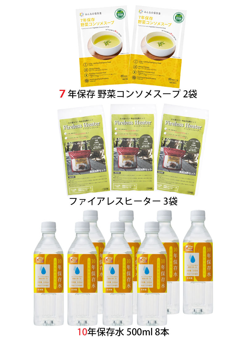 The Next Dekade 7年保存レトルト食品白飯6点＋7年保存レトルトおかず3種2セット（計6点）＋7年保存レトルトパン4種1セット＋7年保存野菜コンソメスープ2袋（6点）＋ファイアレスヒーター3袋＋10年保存水500ml8本 3日分セット